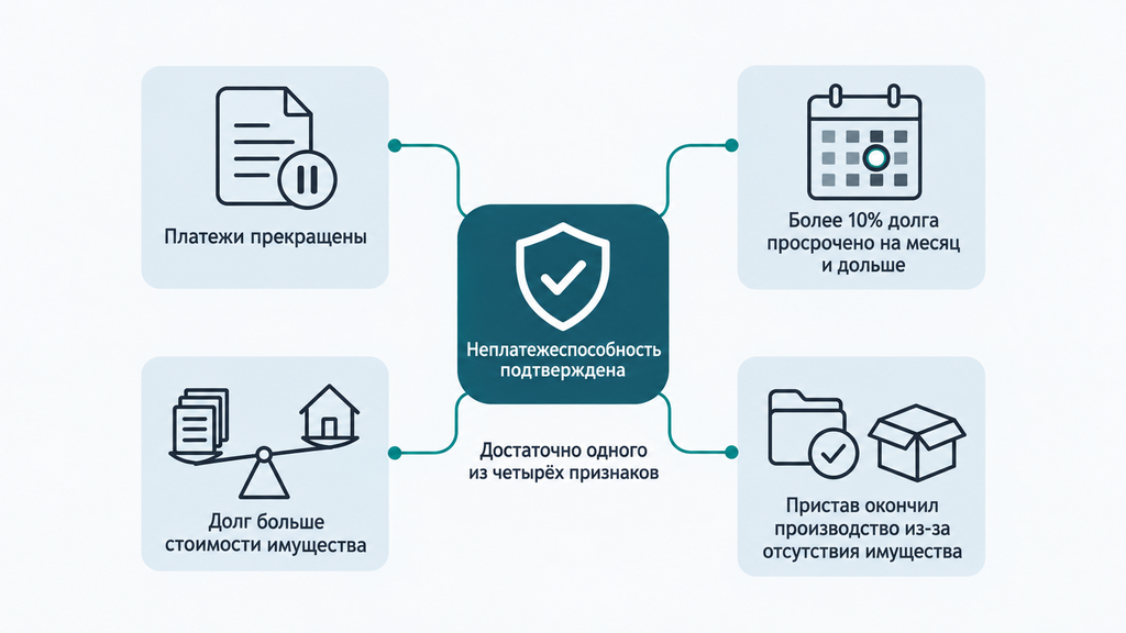 Визуальная схема с четырьмя карточками признаков неплатежеспособности должника вокруг центрального блока «Неплатежеспособность подтверждена», с пометкой о том, что для подтверждения достаточно одного признака