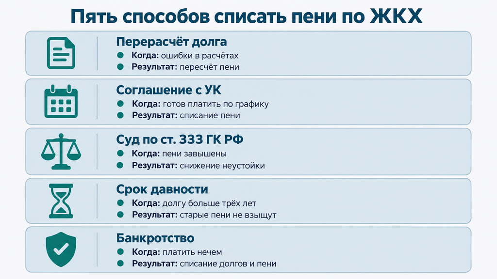Сравнение пяти законных способов списания и уменьшения пеней по ЖКХ в виде карточек