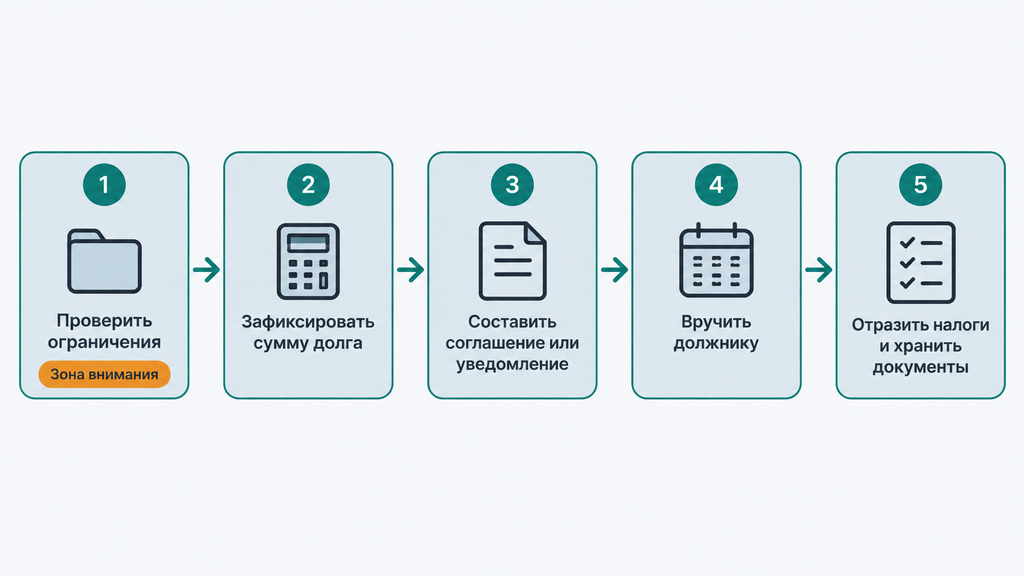 Схема пяти шагов оформления прощения долга по договору займа от проверки до налогового учёта