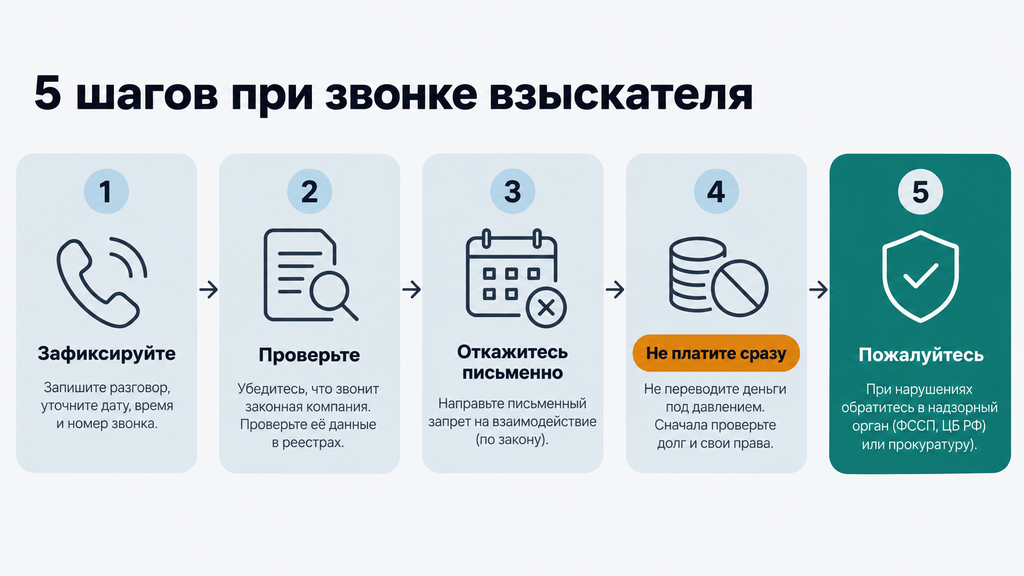 Алгоритм действий родственника должника при звонках коллекторов: 5 пронумерованных ступеней на схеме с иконками телефона, документа, календаря и щита