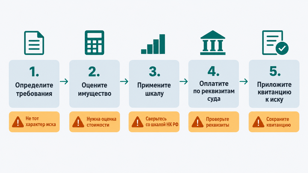 Пошаговая схема расчета государственной пошлины для судебного иска с этапами оплаты и подсказками об ошибках