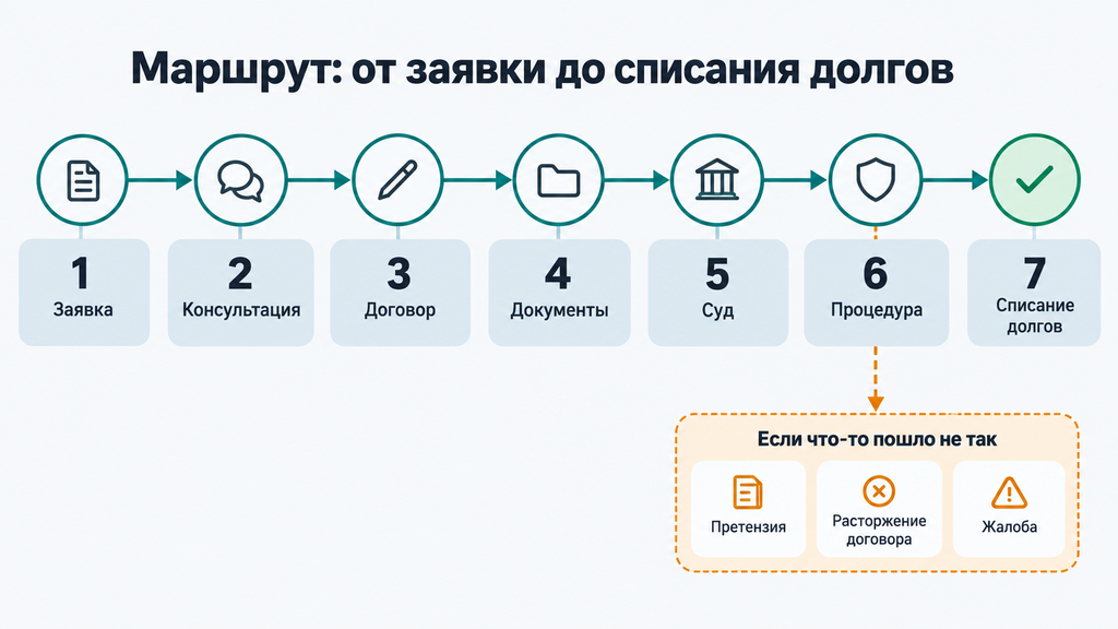 Схема клиентского пути при процедуре списания долгов: 7 этапов от заявки до снятия ограничений с ответвлением на случай непредвиденных ситуаций
