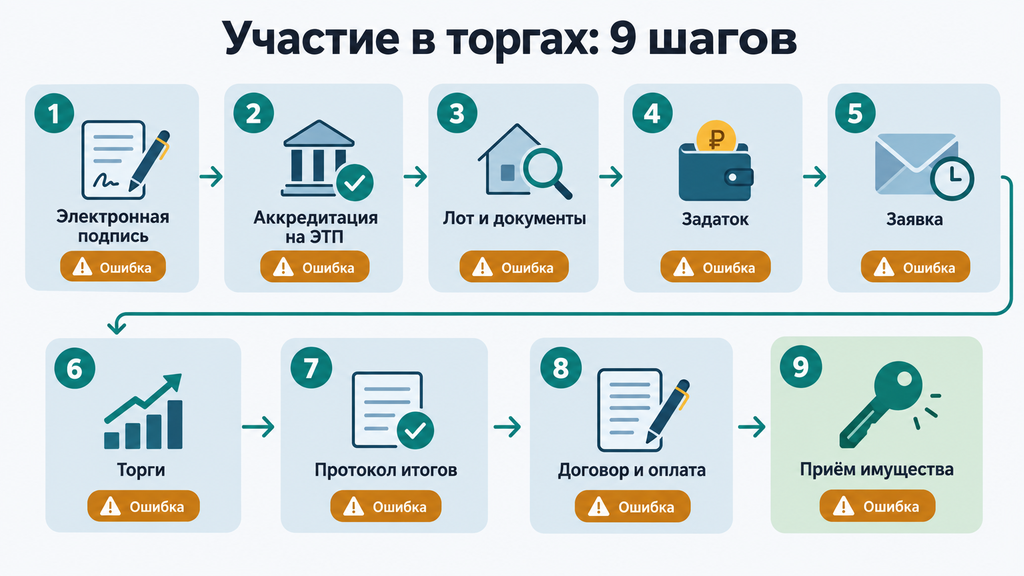 Схема участия в торгах по банкротству за 9 шагов: от получения электронной подписи до договора купли-продажи с контрольными точками