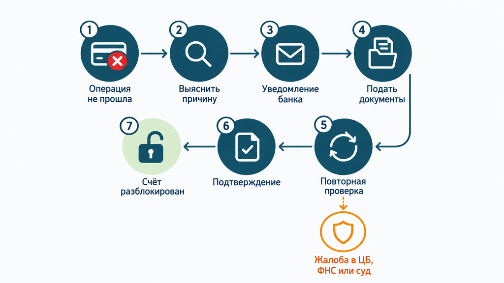 Пошаговая схема разблокировки счета: 7 этапов от сбоя операции до восстановления доступа и порядок подачи жалоб в ЦБ, ФНС или суд