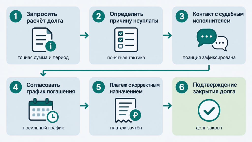 Схема шести шагов по погашению алиментов: от расчёта долга до подтверждения закрытия задолженности. Финальный этап выделен светло-зелёным.