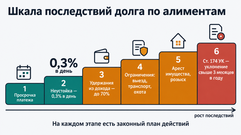 Горизонтальная инфографика показывает поэтапное увеличение последствий долга по алиментам: от неустойки и ограничений до уголовного преследования, подчёркивая доступные законные действия на каждом уровне.