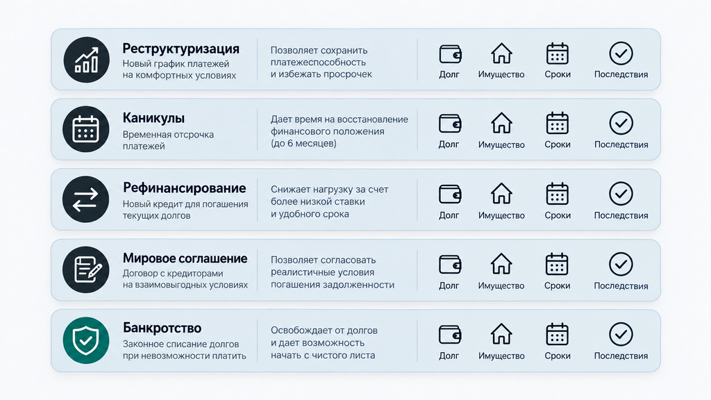 Сравнительные карточки альтернатив банкротству для должника: реструктуризация, каникулы, рефинансирование, мировое соглашение и банкротство с оценкой долга, имущества, сроков и последствий