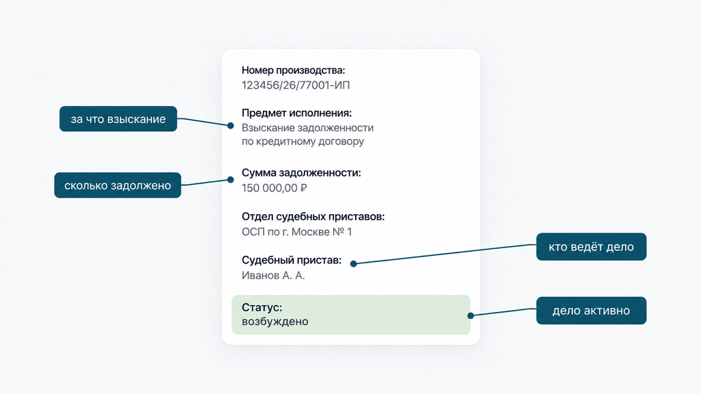 Обезличенная схема карточки исполнительного производства ФССП с выносными метками основных полей данных