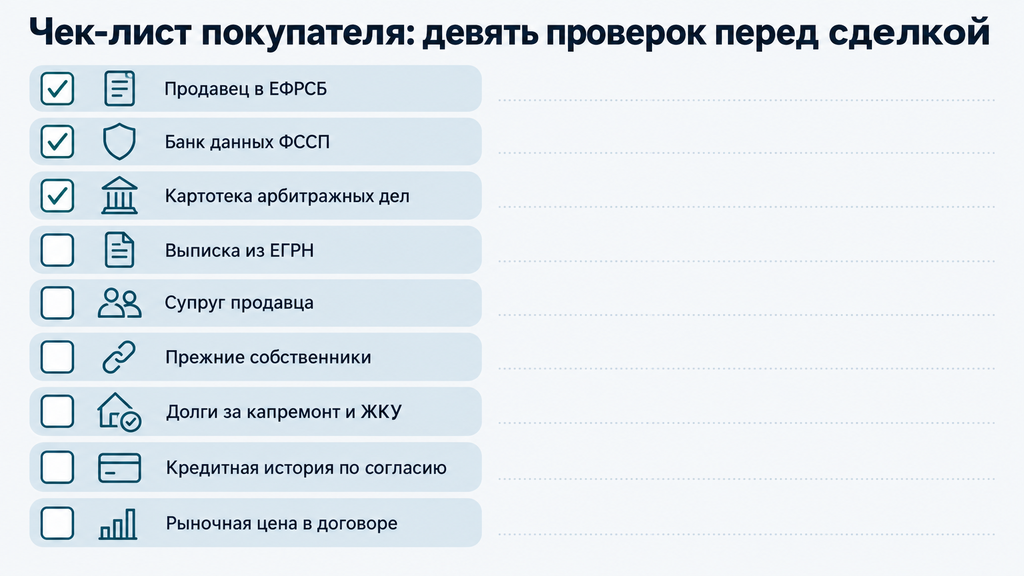 Вертикальный чек-лист для покупателя квартиры: 9 пунктов проверки продавца перед сделкой с пиктограммами и полями для отметок