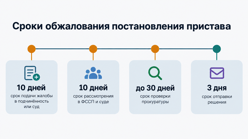 Таймлайн сроков обжалования постановления: горизонтальная шкала с отметками 10 дней на подачу жалобы, 10 дней рассмотрения судом и ФССП, до 30 дней проверки прокуратурой и 3 дня на вынесение решения по трём инстанциям.