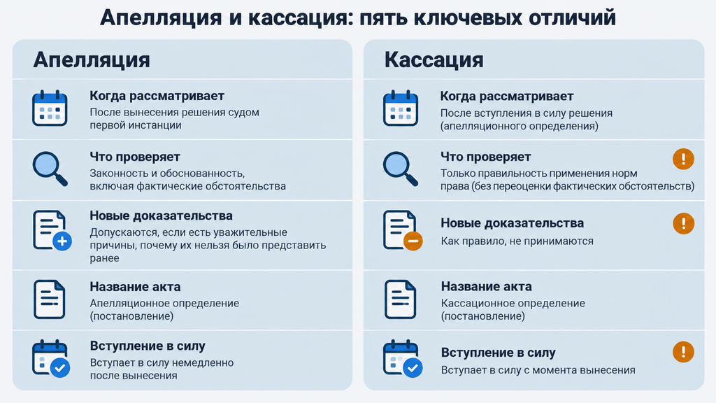 Апелляция и кассация: пять ключевых отличий в виде сравнительных карточек