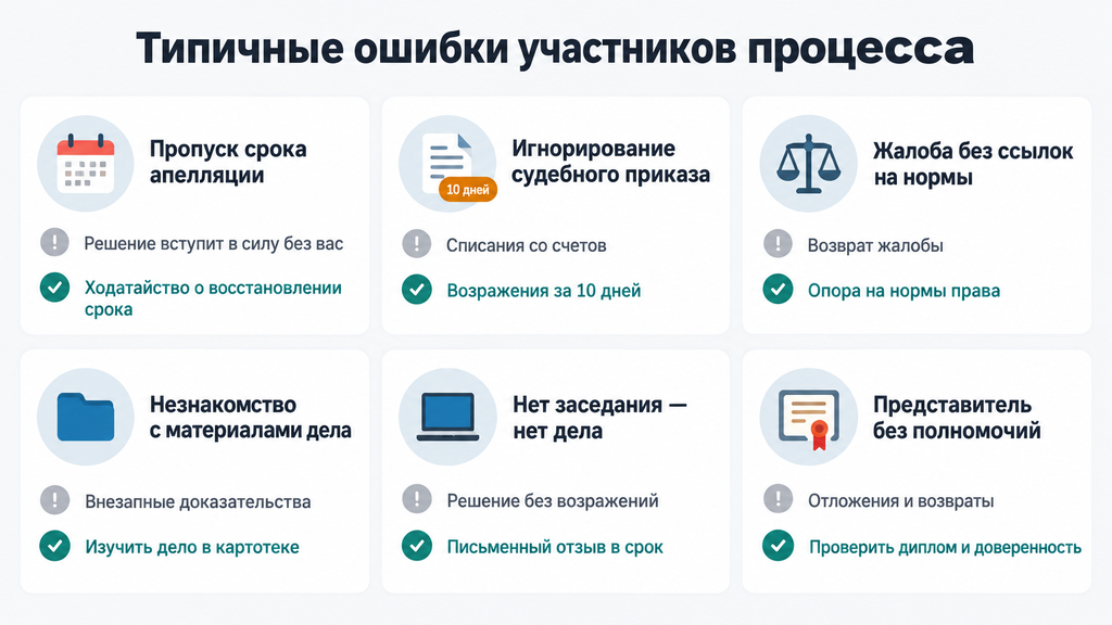 Визуальные карточки с шестью типичными ошибками в арбитражных делах, их последствиями и способами предотвращения