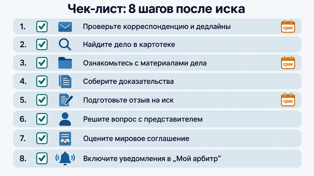 Чек-лист «Что делать при получении иска в арбитражный суд»: пошаговый план из 8 шагов со сроками