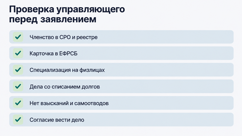 Чек-лист из шести пунктов для проверки финансового арбитражного управляющего перед подачей заявления с отметками статуса