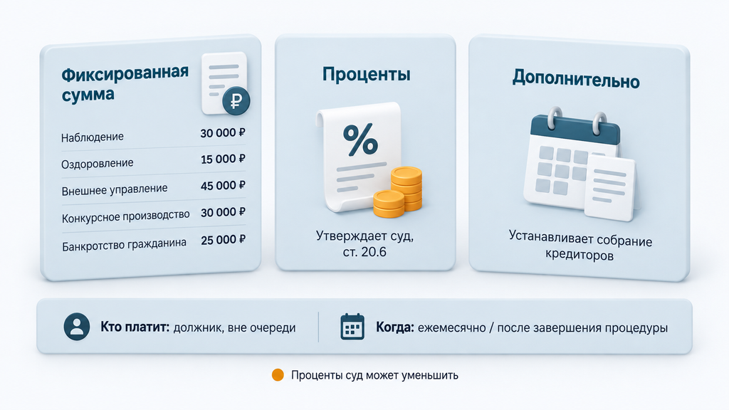 Инфографика структуры вознаграждения арбитражного управляющего: фиксированная часть, проценты и дополнительная выплата при банкротстве
