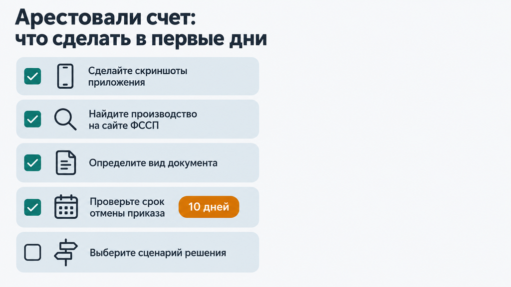 Чек-лист действий при аресте банковского счёта: что делать в первые дни