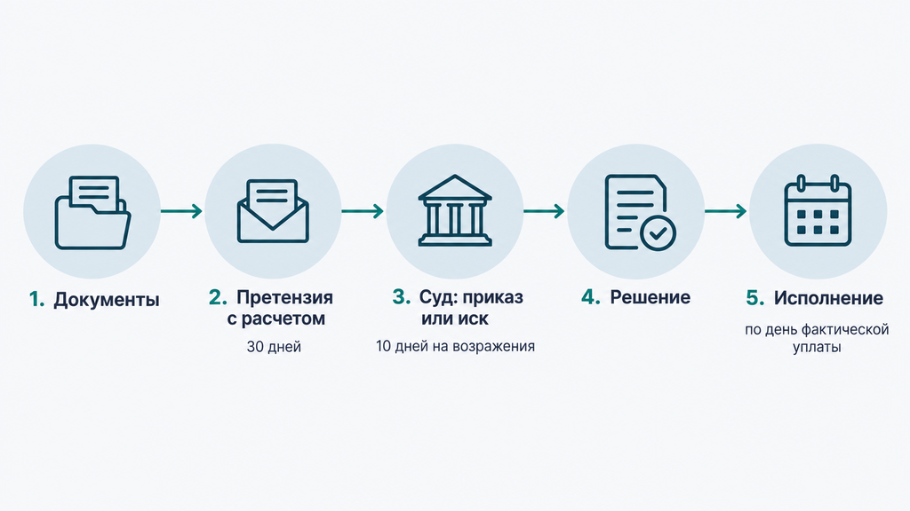 Горизонтальная схема этапов взыскания процентов по статье 395 ГК РФ от подготовки документов до исполнения решения