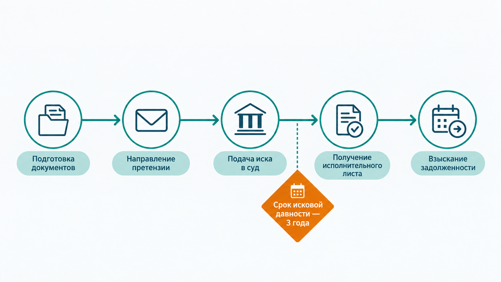 Горизонтальный таймлайн этапов взыскания процентов по статье 395 ГК РФ: подготовка документов, претензия, суд, исполнительное производство и расчёт процентов, выделен трёхлетний срок исковой давности