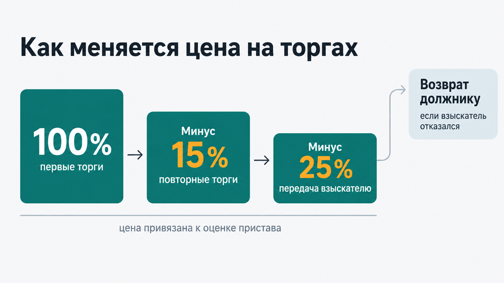 Шкала поэтапного снижения цены имущества на торгах: начальная оценочная стоимость, минус 15% при повторных торгах, минус 25% при передаче взыскателю и этап возврата должнику.