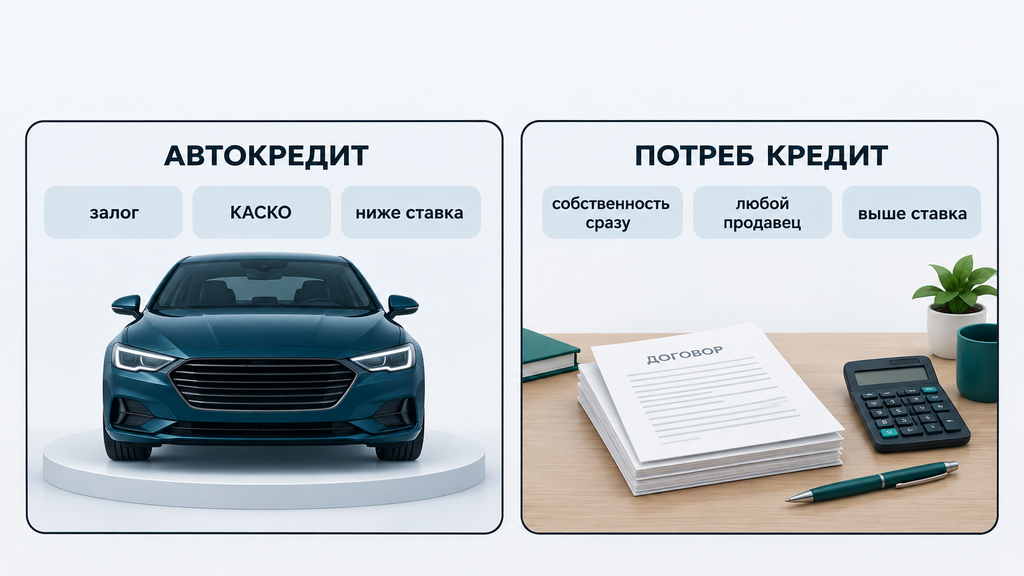 Инфографика сравнения автокредита и потребкредита: сценарий покупки в автосалоне с низкой ставкой и домашнее оформление документов для мгновенной собственности