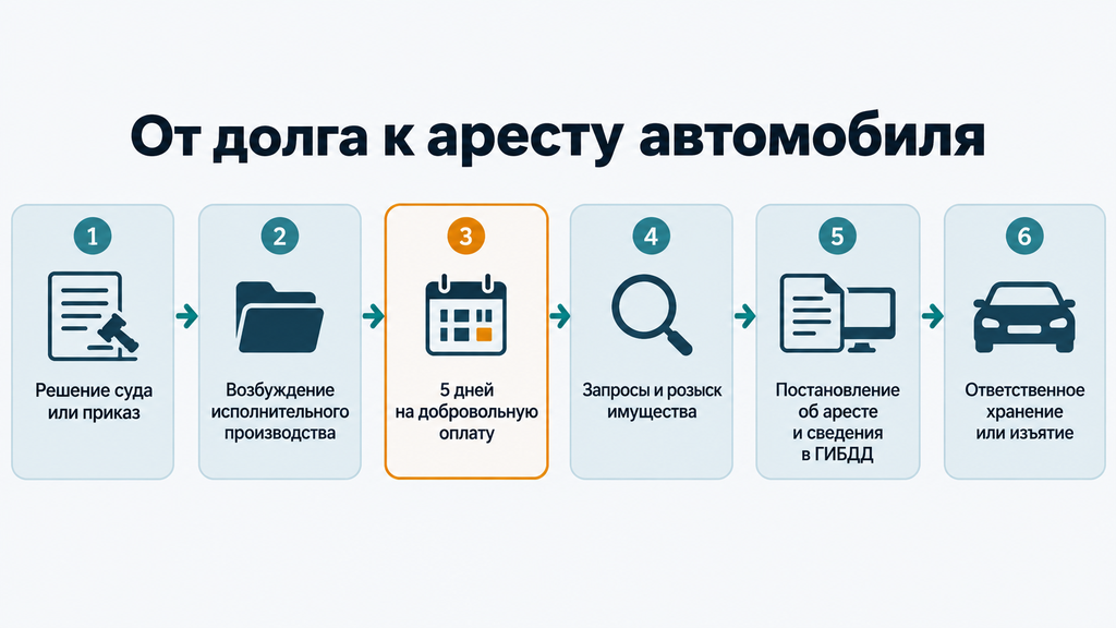 Схема процедуры ареста автомобиля судебными приставами: последовательность этапов от решения суда до изъятия ТС