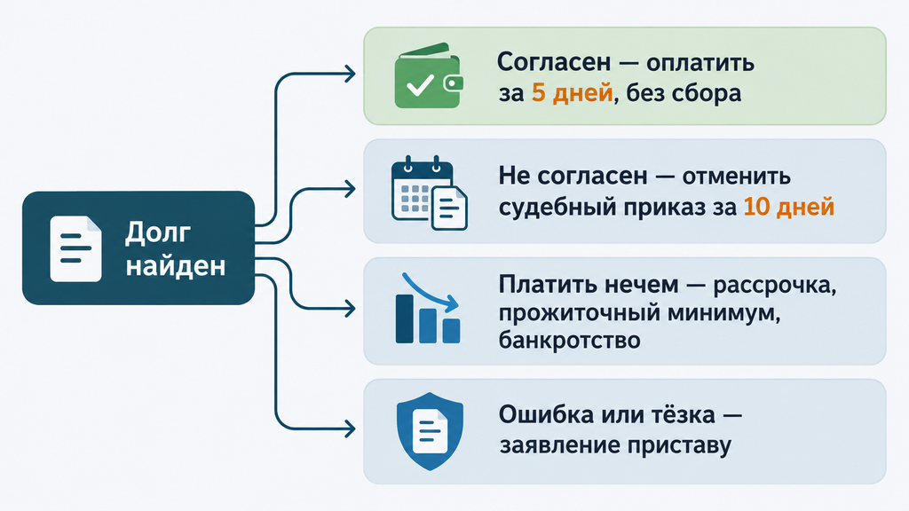 Схема дерева решений при долге у приставов: четыре сценария действий