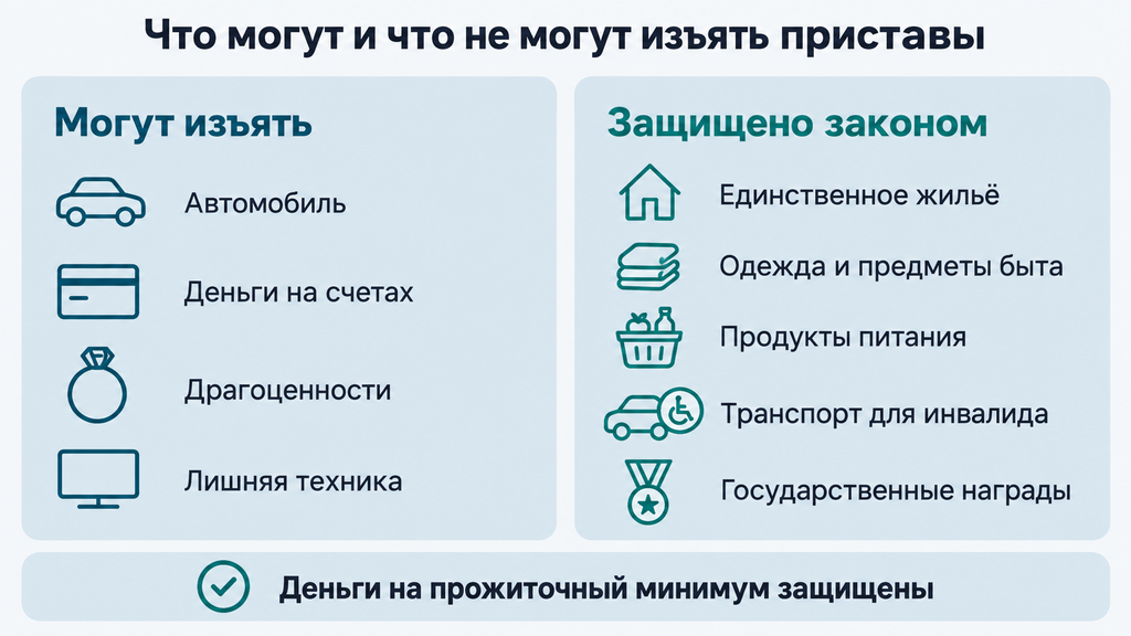 Инфографика «Что могут и не могут изъять приставы»: слева изображено имущество, подлежащее аресту, справа — защищённые законом вещи и средства на прожиточный минимум согласно ст. 446 ГПК РФ