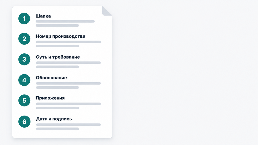 Чек-лист из шести обязательных структурных блоков заявления в службу судебных приставов ФССП с короткими подписями к каждому элементу