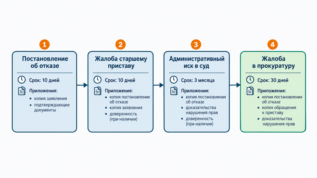 Порядок обжалования отказа судебного пристава: жалоба старшему приставу, иск в суд, жалоба в прокуратуру