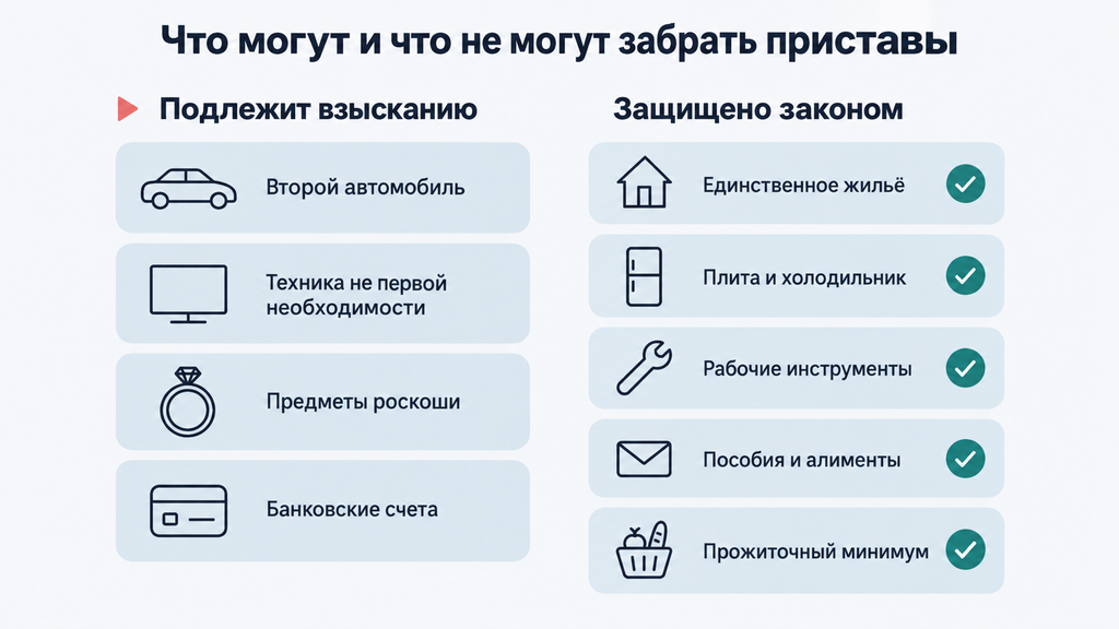 Инфографика границы взыскания долгов что пристав может и не может забрать по закону единственное жилье бытовая техника пособия прожиточный минимум