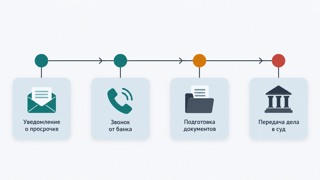 Горизонтальная временная шкала действий банка при просрочке ипотеки: этапы от первой задержки платежа до суда. Цветовая разметка выделяет законные возможности заёмщика (бирюзовый), зоны повышенного внимания (янтарный) и крайнюю стадию судебных торгов (коралловый). Наглядный маршрут правовых вариантов действий должника.