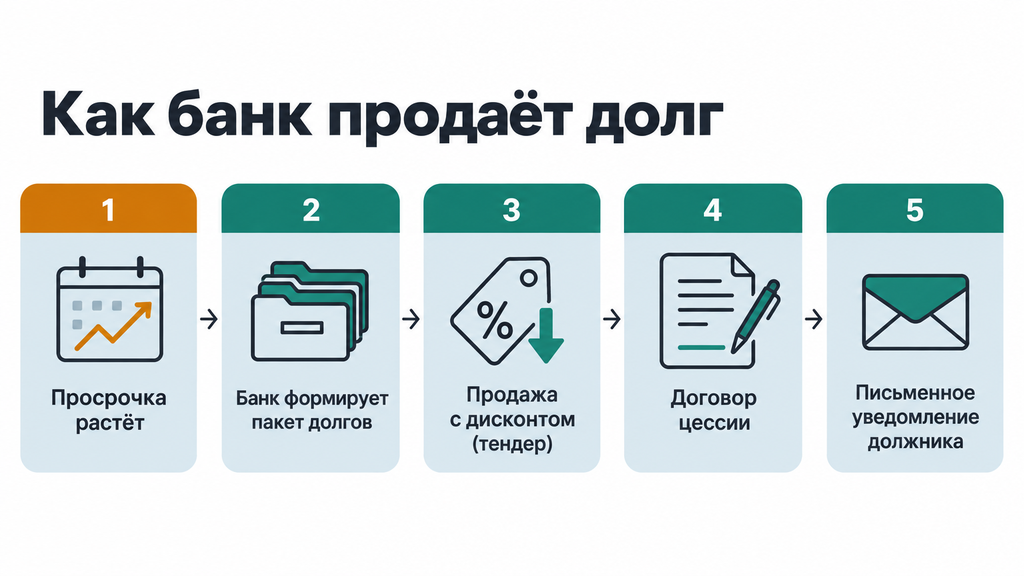 Инфографика: пошаговый маршрут продажи долга банком от просрочки до уведомления заемщика о смене кредитора
