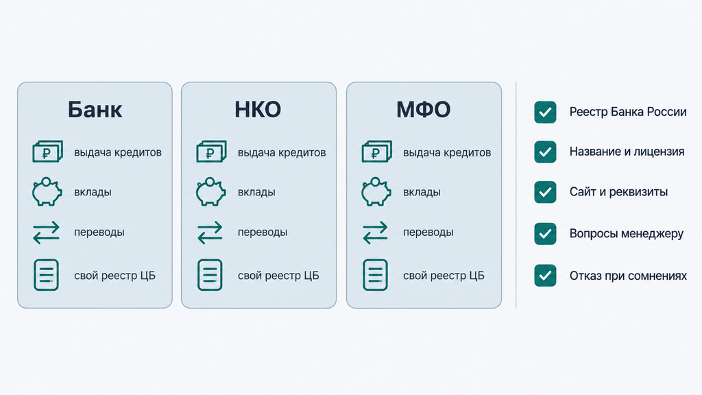 Сравнение полномочий банка, НКО и МФО и пять шагов проверки кредитора по реестру Банка России