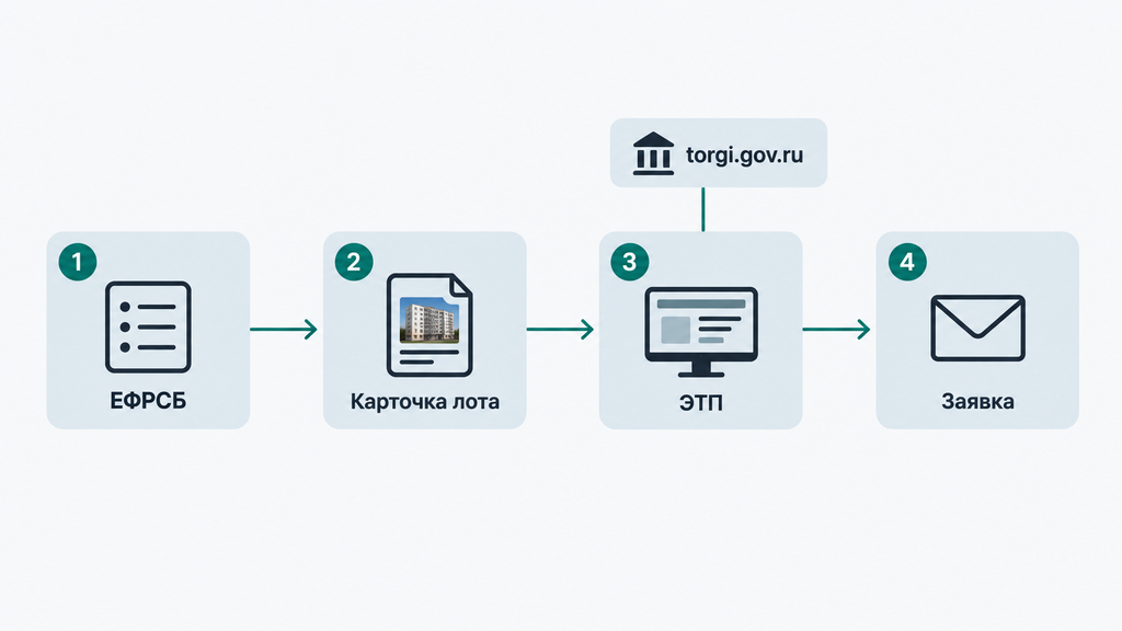 Схематичный маршрут поиска банкротного лота: от публикации в ЕФРСБ до подачи заявки на электронной площадке