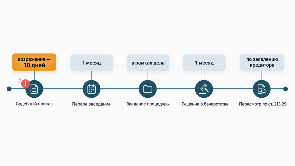 Горизонтальный таймлайн сроков обжалования в деле о банкротстве с контрольными точками и временными рамками