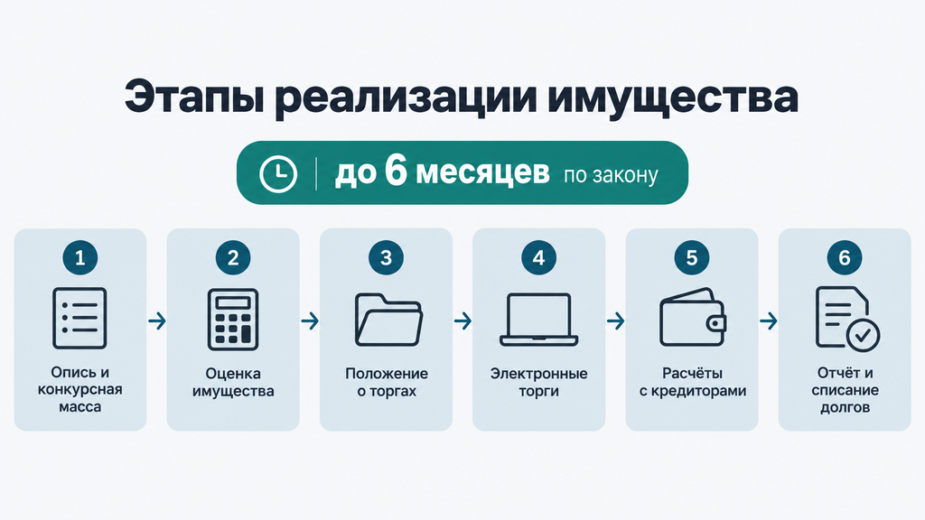 Схема шести этапов реализации имущества гражданина при банкротстве с указанием сроков и стрелок движения по процедуре для снижения тревожности должника