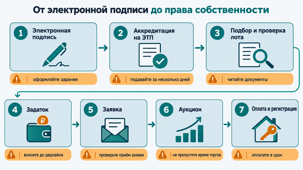 Схема семи шагов участия в торгах по банкротству от ЭЦП до регистрации права собственности с указанием типичных ошибок