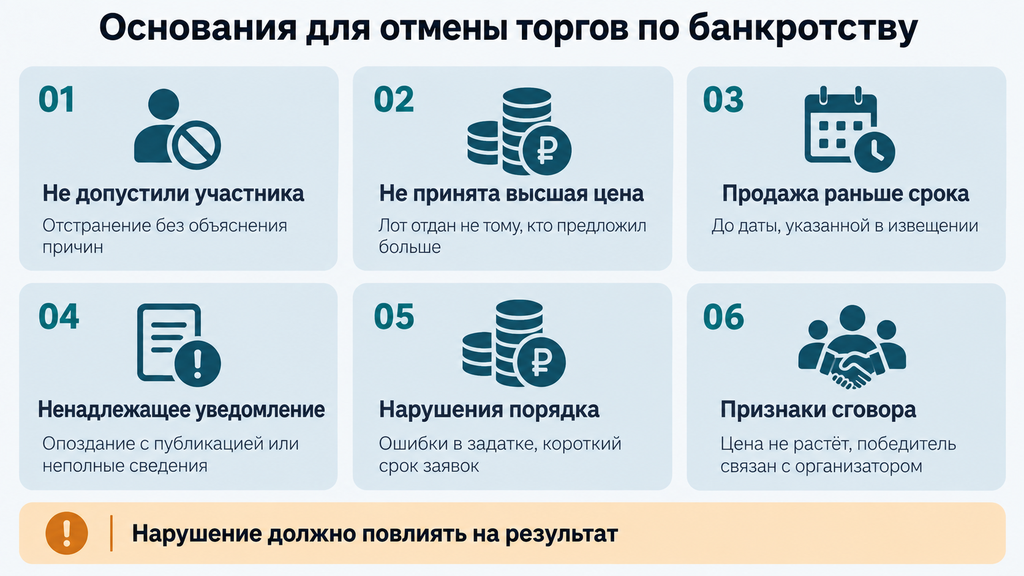 Карточки с основными основаниями для признания торгов по банкротству недействительными: отсутствие уведомления, сговор участников, нарушения порядка проведения