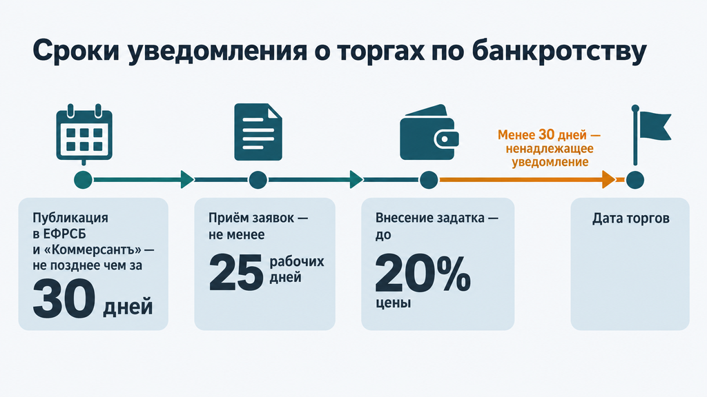 Таймлайн сроков уведомления о торгах по банкротству от публикации в ЕФРСБ до даты торгов с выделением зоны риска признания извещения ненадлежащим