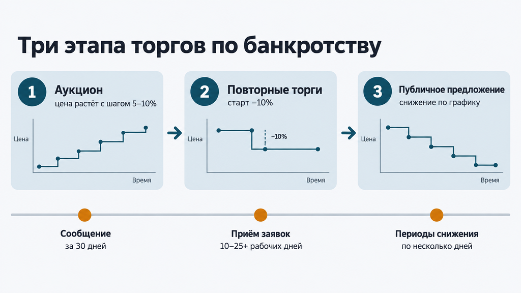 Схема трёх этапов торгов по банкротству с динамикой цены и сроками проведения аукциона, повторных торгов и публичного предложения