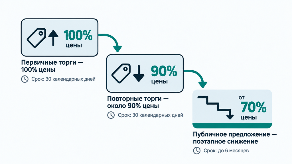 Схема трёх этапов банкротных торгов: постепенное снижение цены имущества от 100% на первичных торгах до этапа публичного предложения. Визуализация механики аукционов и сроков