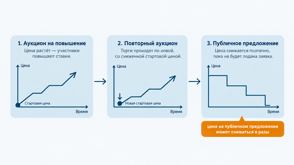 Схема трёх этапов банкротных торгов: аукцион на повышение, повторный аукцион со сниженной стартовой ценой и публичное предложение с поэтапным снижением стоимости лота