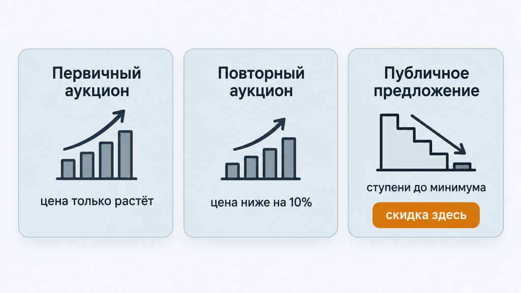 Сравнение трёх форм торгов по банкротству: первичный, повторный аукционы и публичное предложение с ценовой шкалой и стадиями снижения стоимости