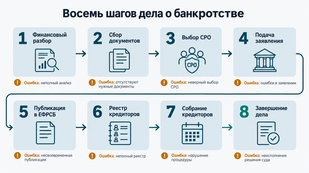 Восемь шагов дела о банкротстве и ошибки, которых можно избежать