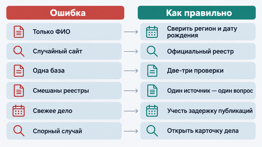 Короткий чек-лист проверки банкротства без ошибок: две колонки сравнения типичных ошибок и верных действий, выделенные коралловым и бирюзовым цветами, с пиктограммами документов, календаря и поиска