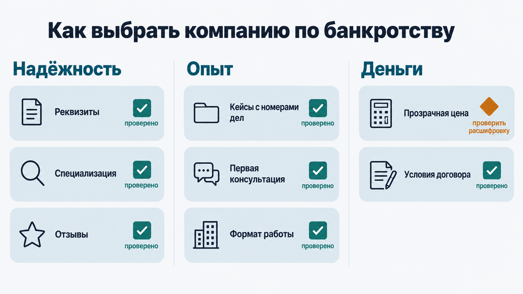 Чек-лист выбора компании по банкротству с 8 пунктами проверки надёжности, опыта и условий договора перед подписанием соглашения