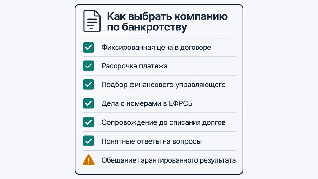 Чек-лист для выбора компании по банкротству с пунктами проверки условий и статусов