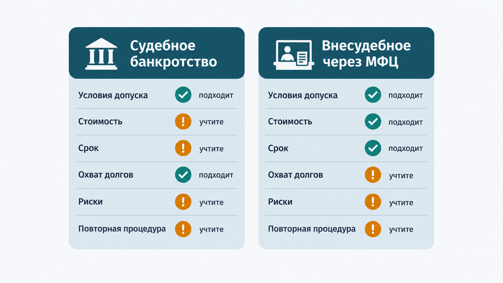 Сравнение судебного и внесудебного банкротства через МФЦ: карточки с параметрами условий, стоимости, сроков и рисков