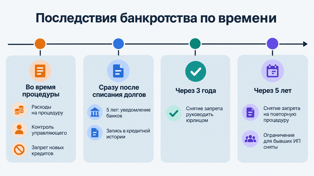 График последствий банкротства в РФ: запреты во время процедуры и поэтапное снятие ограничений через 3 и 5 лет после списания долгов