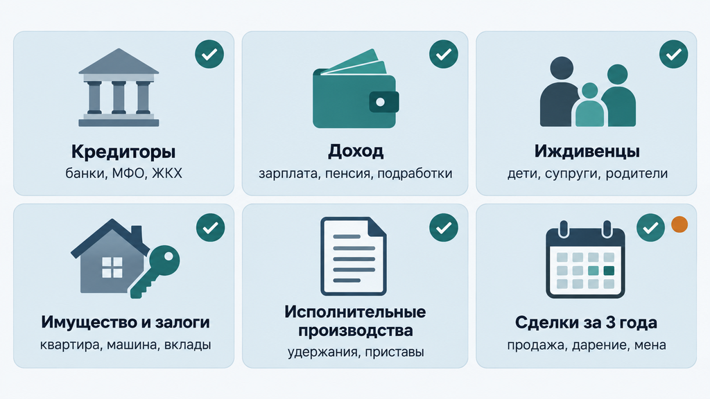 Мини-чек-лист подготовки к консультации по банкротству: какие документы, имущество и сделки за 3 года проверить перед звонком юристу